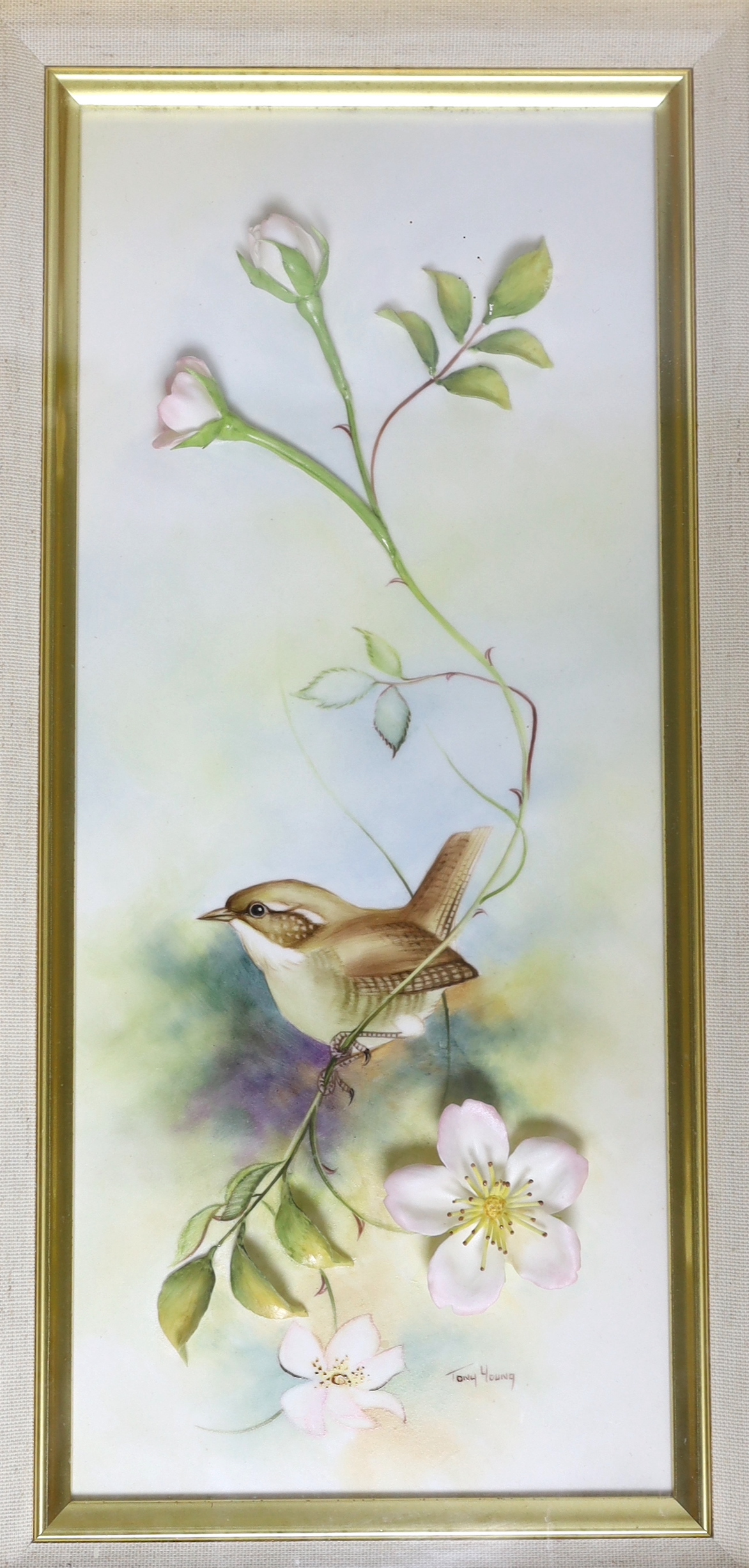 Bronté. A pair of framed porcelain plaques 'Wren' and 'Blue Tit' by Tony Young, limited edition 26/50 & 5/50, each overall 40cm x 22cm